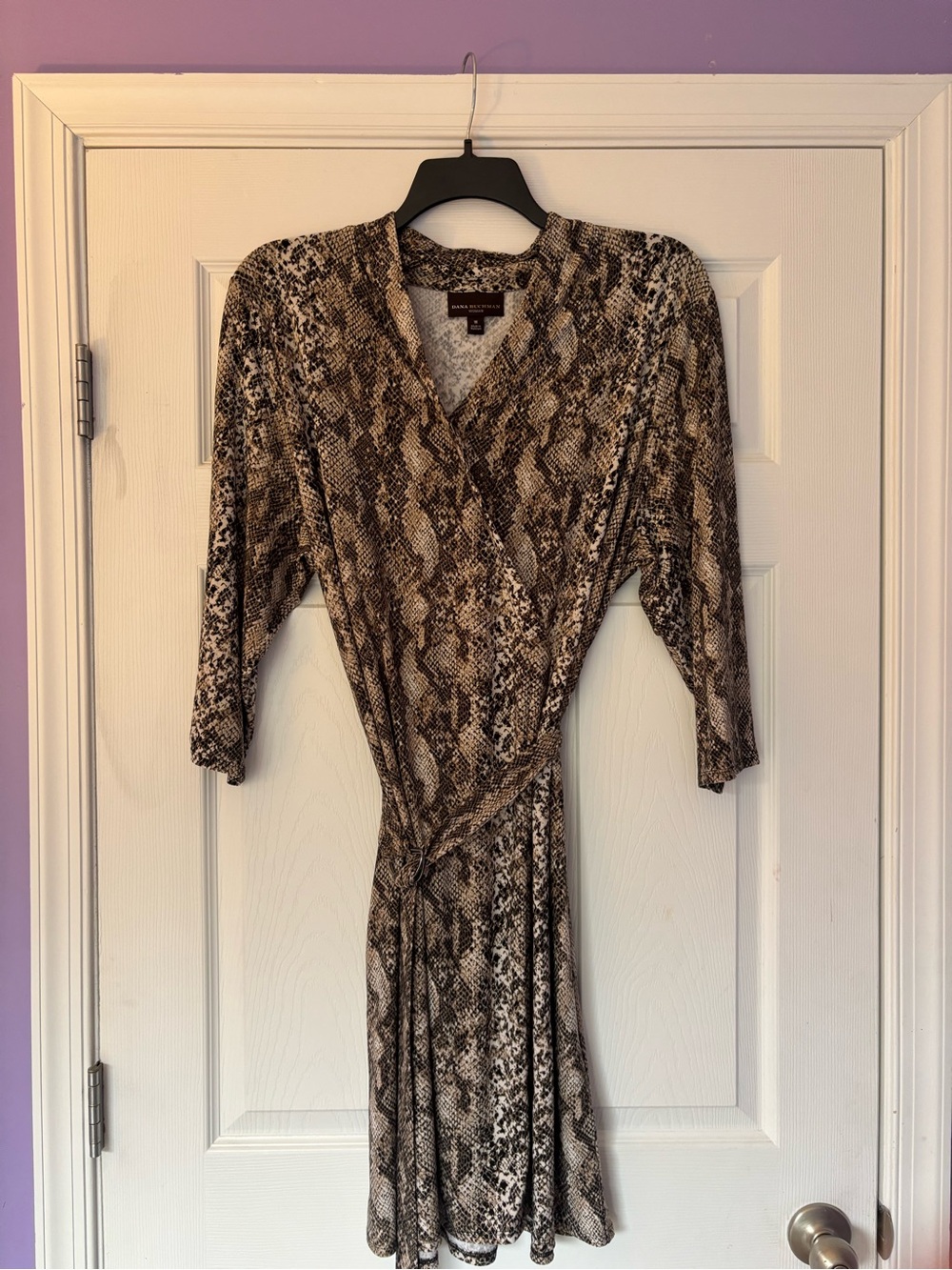 Dana Buchman Snake-Print Wrap Midi Dress in brown and cream